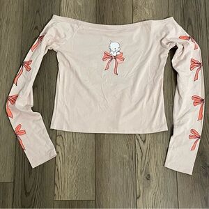 Kewpie Off The Shoulder Crop Long Sleeve Bow Shirt‎